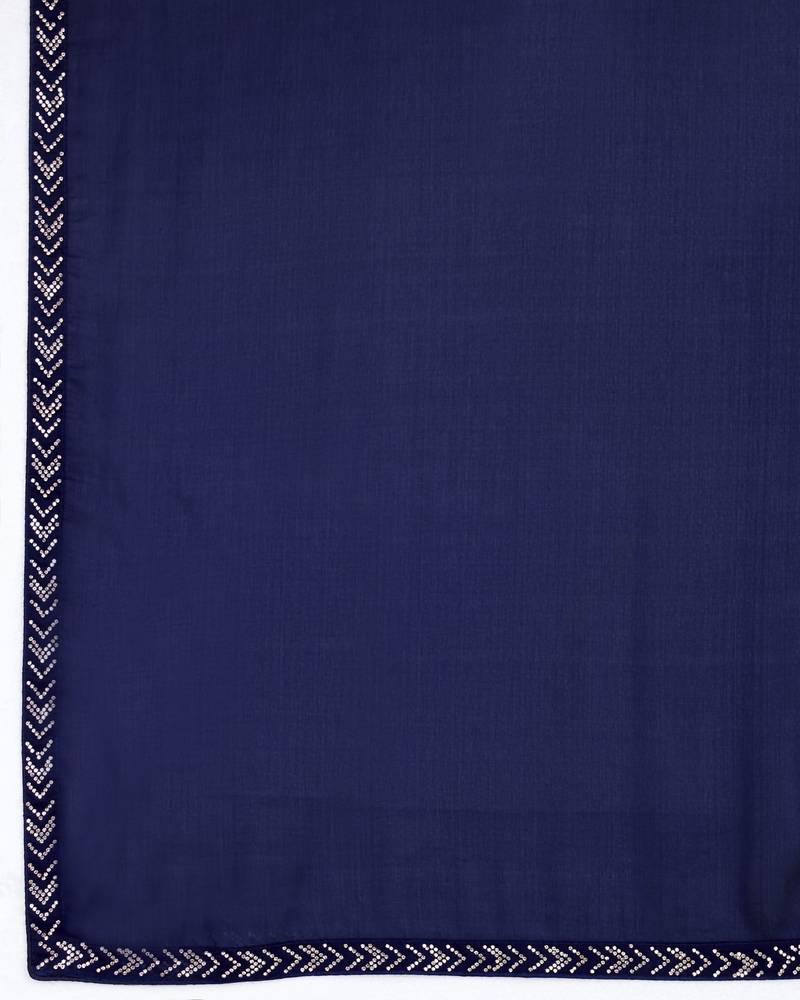 Trendmalls Plain Satin Navy Blue Saree With Swarovski Work Border and Belt 