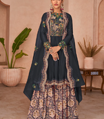 Dark charcoal grey multi embroidery silk sharara suit with embroidery dupatta for wedding party