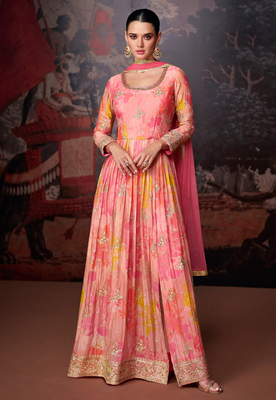 Pink printed embroidered front slit georgette style anarkali dress with dupatta 1