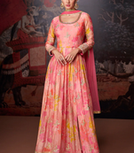 Pink printed embroidered front slit georgette style anarkali dress with dupatta