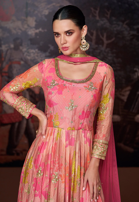 Pink printed embroidered front slit georgette style anarkali dress with dupatta 2