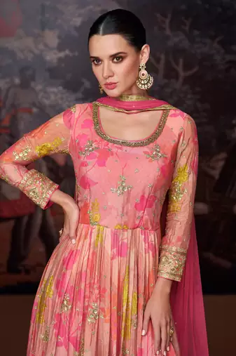 Pink printed embroidered front slit georgette style anarkali dress with dupatta