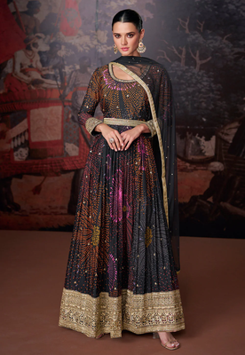 Black printed embroidered georgette style anarkali dress with dupatta 1