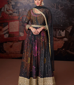 Black printed embroidered georgette style anarkali dress with dupatta