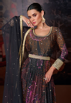 Black printed embroidered georgette style anarkali dress with dupatta 2