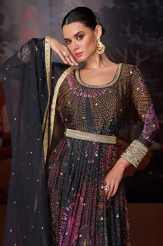 Black printed embroidered georgette style anarkali dress with dupatta