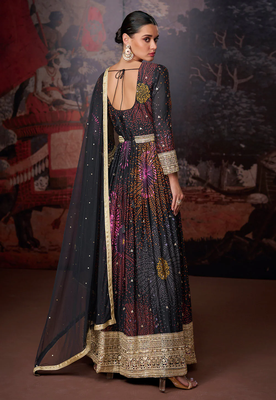 Black printed embroidered georgette style anarkali dress with dupatta 3