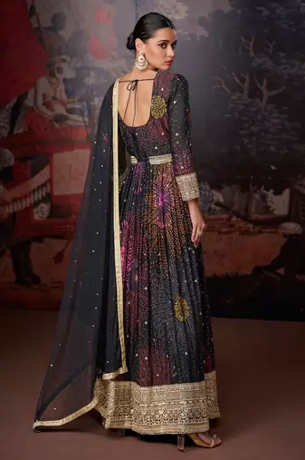 Black printed embroidered georgette style anarkali dress with dupatta