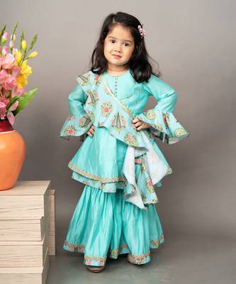 Blue roman silk printed floral kurta sharara set 1