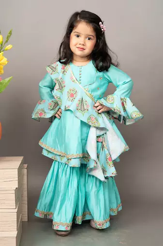 Blue roman silk printed floral kurta sharara set