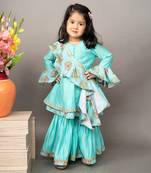 Blue roman silk printed floral kurta sharara set