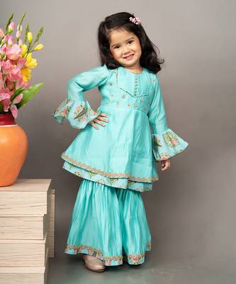 Blue roman silk printed floral kurta sharara set 2