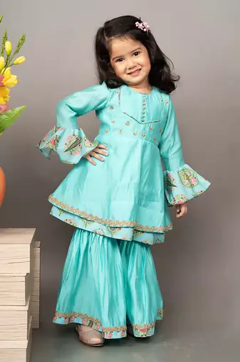 Blue roman silk printed floral kurta sharara set