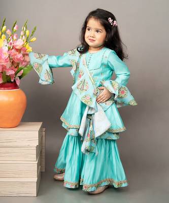 Blue roman silk printed floral kurta sharara set 3