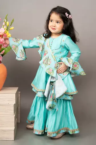 Blue roman silk printed floral kurta sharara set