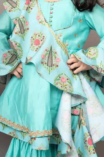 Blue roman silk printed floral kurta sharara set