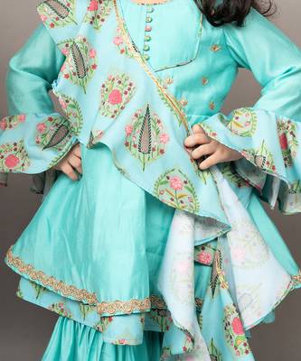 Blue roman silk printed floral kurta sharara set 5