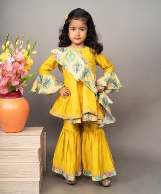 Yellow silk printed kurta sharara set 1