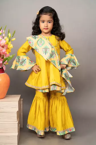 Yellow silk printed kurta sharara set
