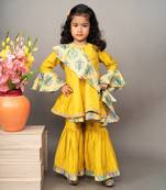 Yellow silk printed kurta sharara set