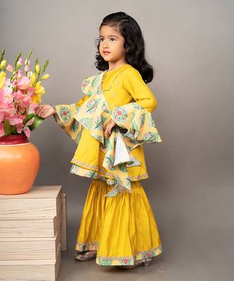 Yellow silk printed kurta sharara set 2