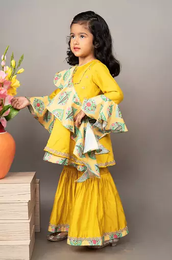 Yellow silk printed kurta sharara set