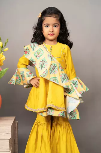 Yellow silk printed kurta sharara set