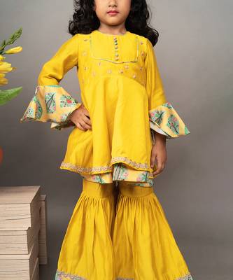 Yellow silk printed kurta sharara set 5