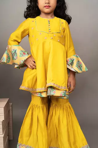 Yellow silk printed kurta sharara set