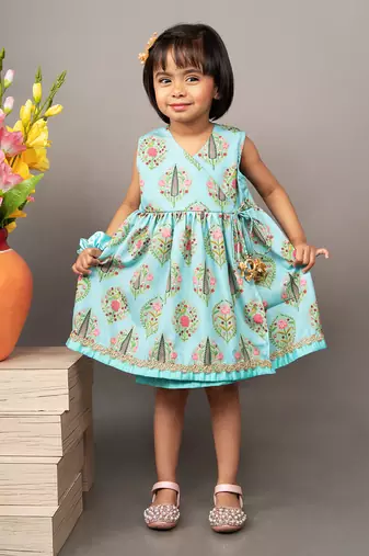 Blue crepe printed floral overlap dress