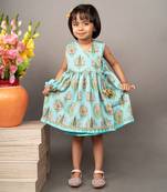 Blue crepe printed floral overlap dress