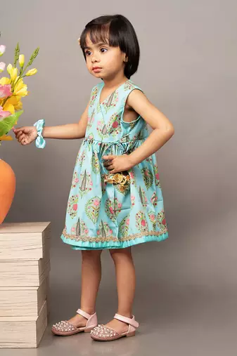 Blue crepe printed floral overlap dress