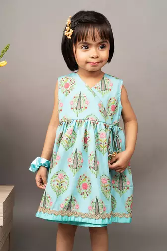 Blue crepe printed floral overlap dress
