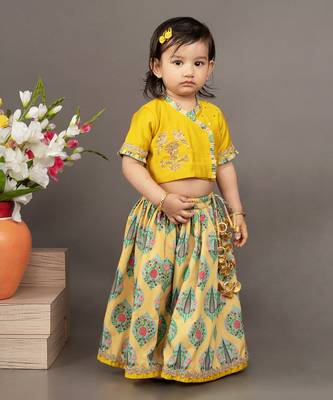 Yellow silk printed floral blouse and ghagra set 1
