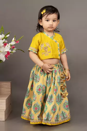 Yellow silk printed floral blouse and ghagra set