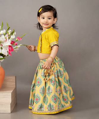 Yellow silk printed floral blouse and ghagra set 2