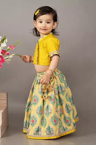 Yellow silk printed floral blouse and ghagra set