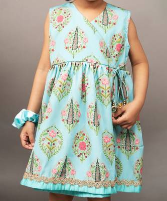 Blue crepe printed floral overlap dress 4