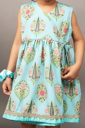 Blue crepe printed floral overlap dress