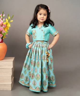 Blue silk printed floral blouse and ghagra set 1