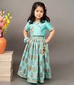 Blue silk printed floral blouse and ghagra set