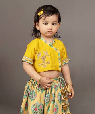 Yellow silk printed floral blouse and ghagra set 3