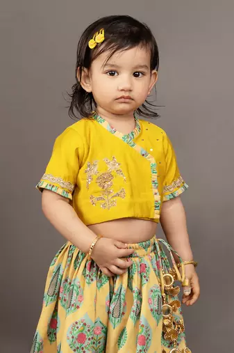 Yellow silk printed floral blouse and ghagra set