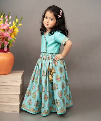 Blue silk printed floral blouse and ghagra set 2