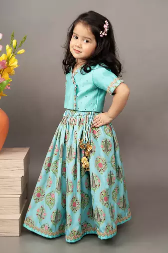 Blue silk printed floral blouse and ghagra set