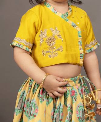 Yellow silk printed floral blouse and ghagra set 5