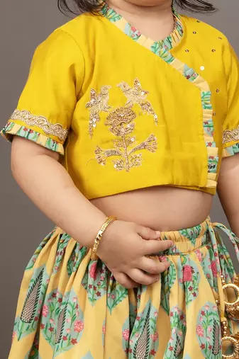 Yellow silk printed floral blouse and ghagra set