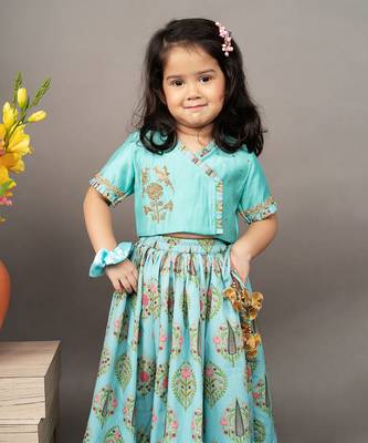 Blue silk printed floral blouse and ghagra set 3