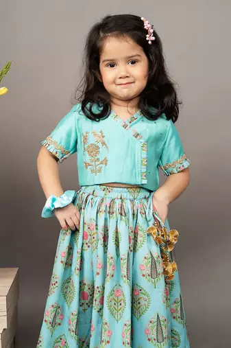 Blue silk printed floral blouse and ghagra set