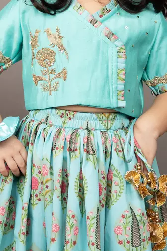 Blue silk printed floral blouse and ghagra set
